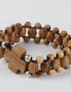 Elastic olive wood rosary bracelet with cross and silver bead