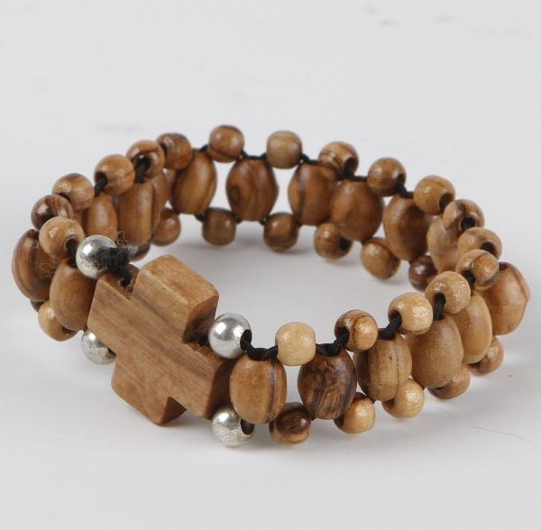 Elastic olive wood rosary bracelet with cross and silver bead 1