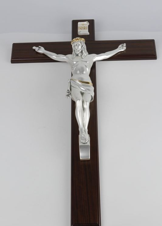 Wood cross with silver crucifix medium