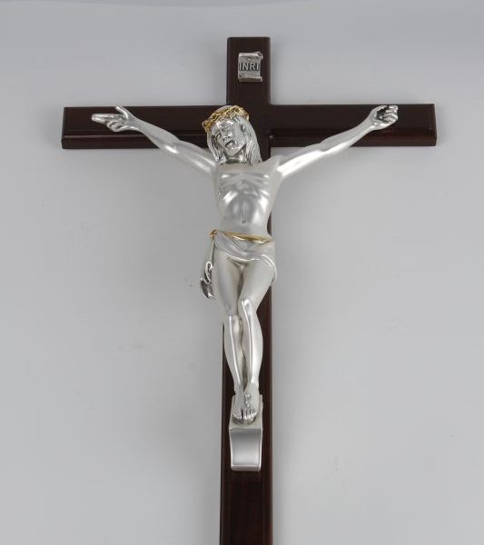 Wood cross with silver crucifix small 1
